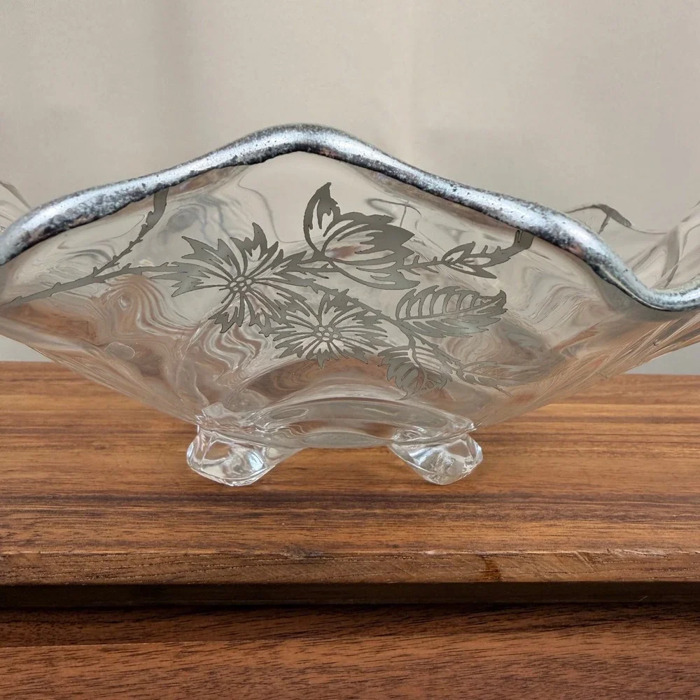 Vintage Silver Overlay Glass Footed Bowl Scalloped Floral Centerpiece 11 Inch